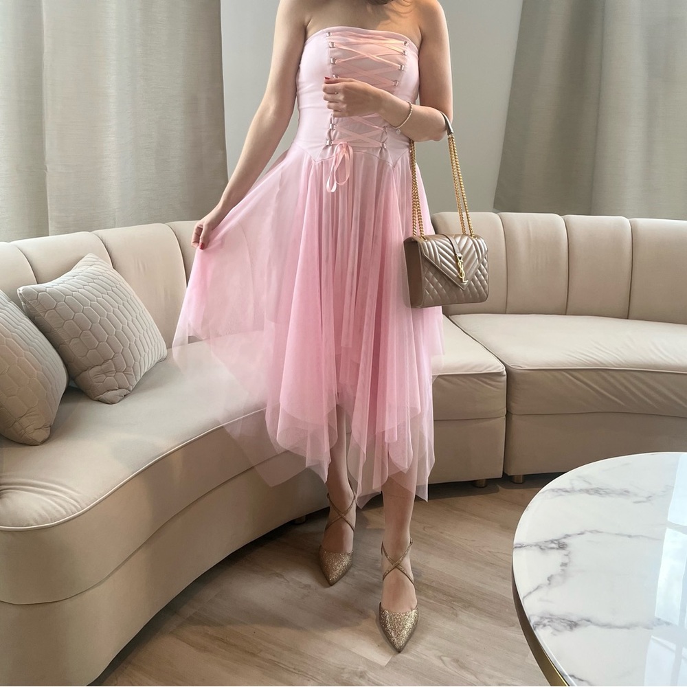 M COLLECTION Pink Tule Strapless Midi Corset Dainty Dress Women’s Size 6